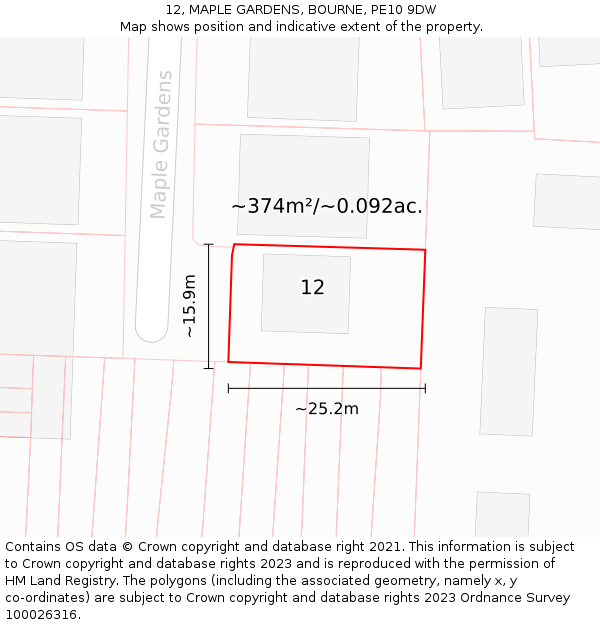 12, MAPLE GARDENS, BOURNE, PE10 9DW: Plot and title map