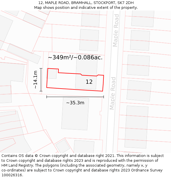 12, MAPLE ROAD, BRAMHALL, STOCKPORT, SK7 2DH: Plot and title map