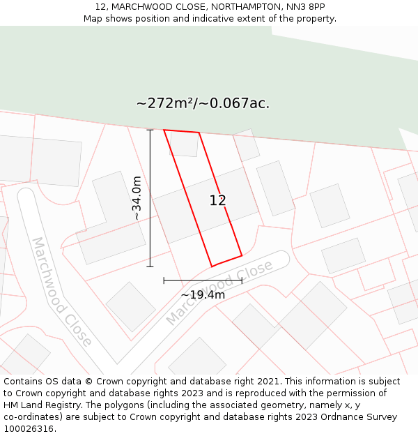 12, MARCHWOOD CLOSE, NORTHAMPTON, NN3 8PP: Plot and title map