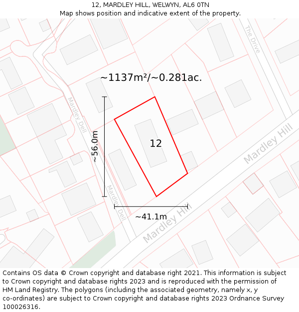 12, MARDLEY HILL, WELWYN, AL6 0TN: Plot and title map