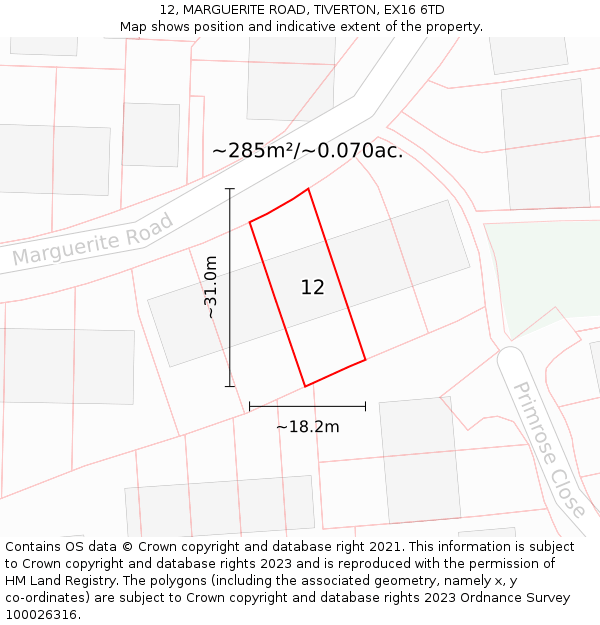 12, MARGUERITE ROAD, TIVERTON, EX16 6TD: Plot and title map