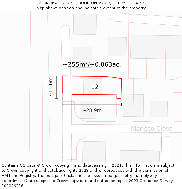 12, MARISCO CLOSE, BOULTON MOOR, DERBY, DE24 5BE: Plot and title map