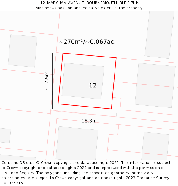 12, MARKHAM AVENUE, BOURNEMOUTH, BH10 7HN: Plot and title map