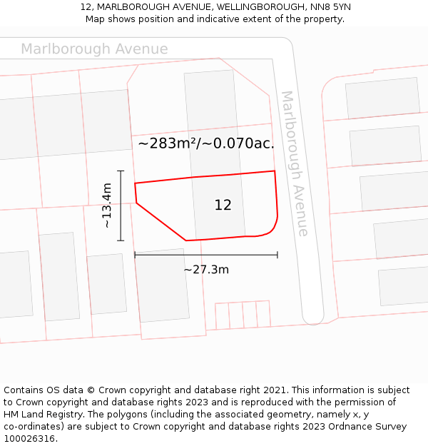 12, MARLBOROUGH AVENUE, WELLINGBOROUGH, NN8 5YN: Plot and title map