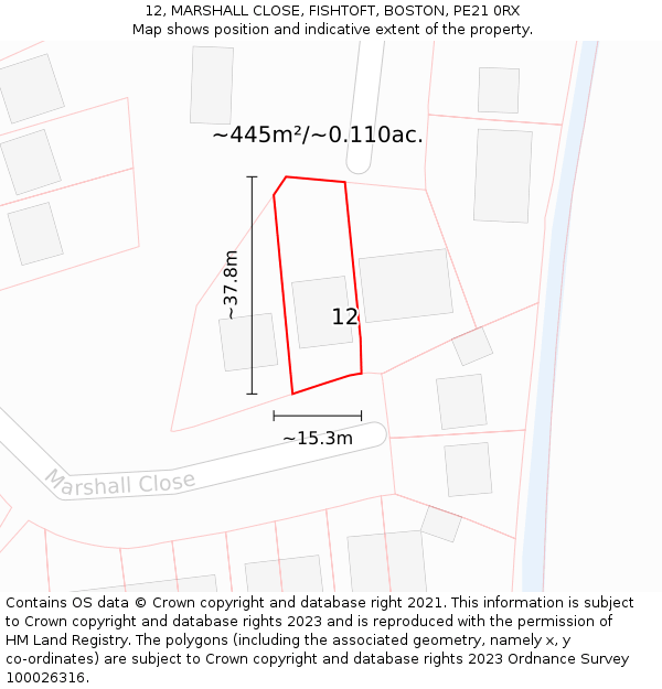 12, MARSHALL CLOSE, FISHTOFT, BOSTON, PE21 0RX: Plot and title map