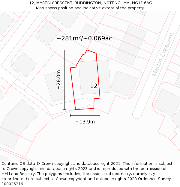 12, MARTIN CRESCENT, RUDDINGTON, NOTTINGHAM, NG11 6AG: Plot and title map