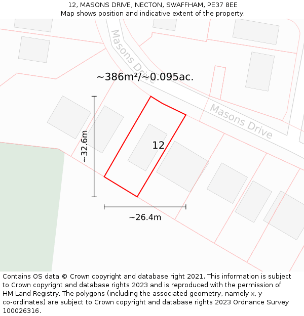 12, MASONS DRIVE, NECTON, SWAFFHAM, PE37 8EE: Plot and title map