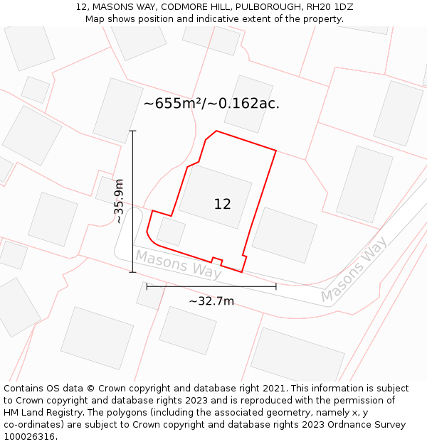 12, MASONS WAY, CODMORE HILL, PULBOROUGH, RH20 1DZ: Plot and title map