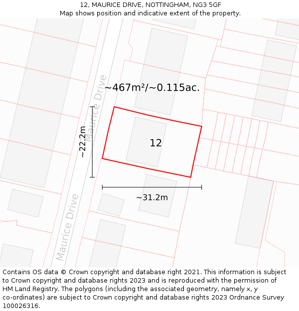 12, MAURICE DRIVE, NOTTINGHAM, NG3 5GF: Plot and title map