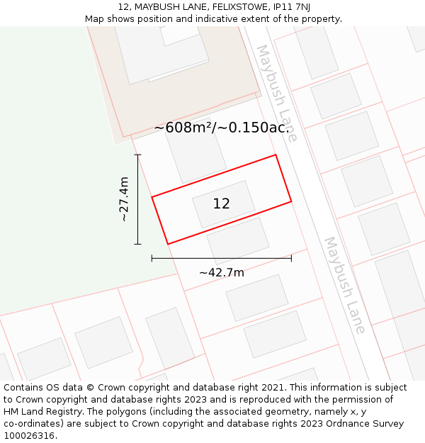 12, MAYBUSH LANE, FELIXSTOWE, IP11 7NJ: Plot and title map