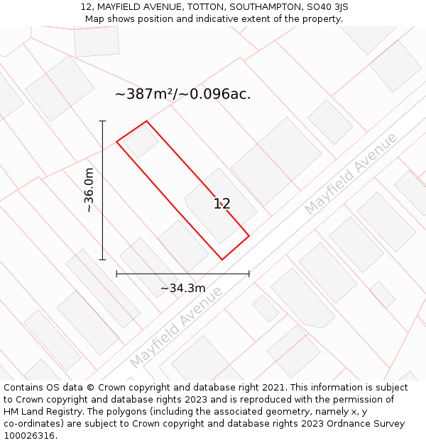 12, MAYFIELD AVENUE, TOTTON, SOUTHAMPTON, SO40 3JS: Plot and title map