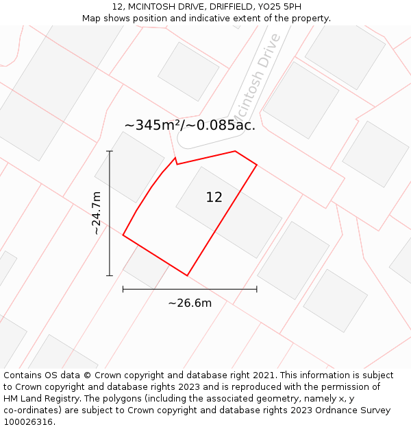 12, MCINTOSH DRIVE, DRIFFIELD, YO25 5PH: Plot and title map