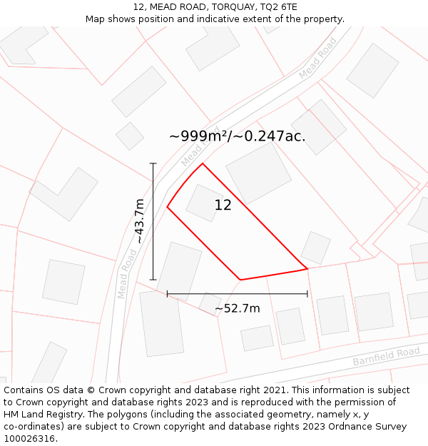 12, MEAD ROAD, TORQUAY, TQ2 6TE: Plot and title map