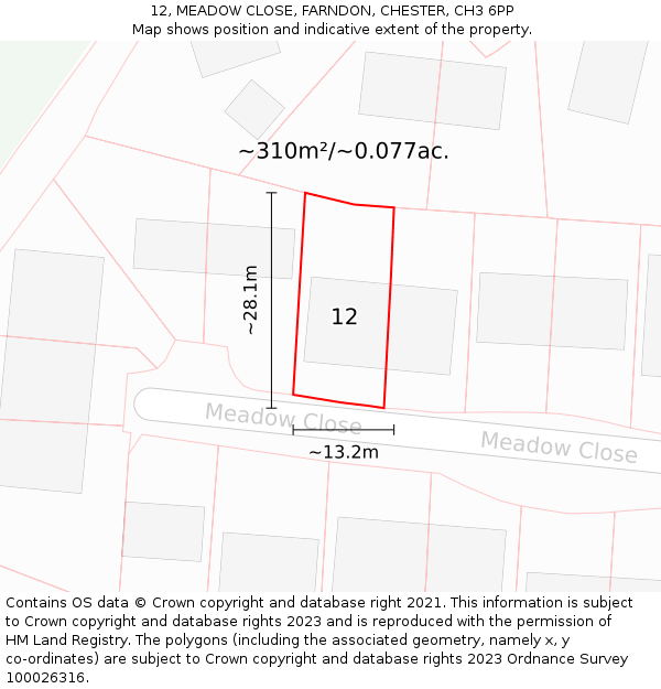 12, MEADOW CLOSE, FARNDON, CHESTER, CH3 6PP: Plot and title map