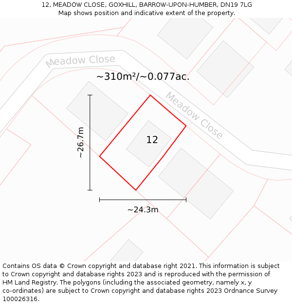 12, MEADOW CLOSE, GOXHILL, BARROW-UPON-HUMBER, DN19 7LG: Plot and title map