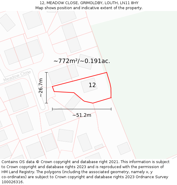 12, MEADOW CLOSE, GRIMOLDBY, LOUTH, LN11 8HY: Plot and title map