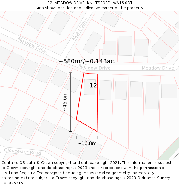 12, MEADOW DRIVE, KNUTSFORD, WA16 0DT: Plot and title map