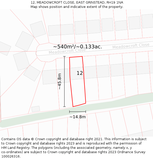 12, MEADOWCROFT CLOSE, EAST GRINSTEAD, RH19 1NA: Plot and title map