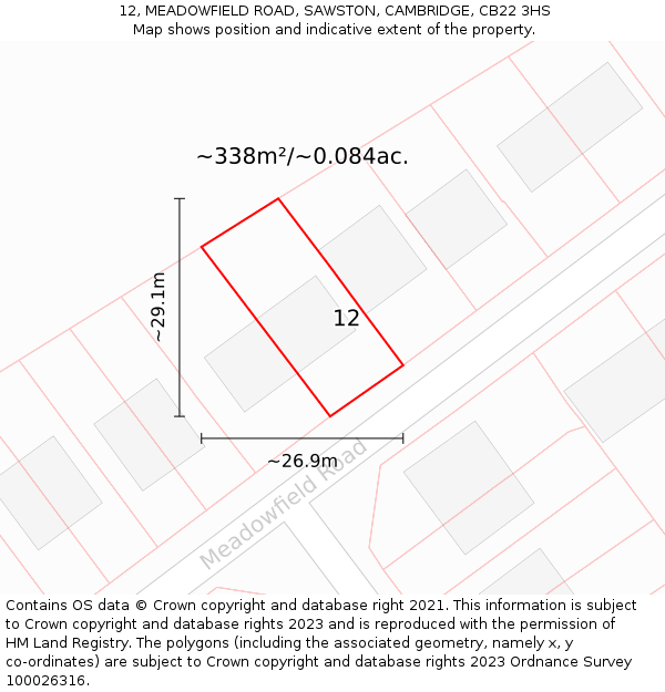 12, MEADOWFIELD ROAD, SAWSTON, CAMBRIDGE, CB22 3HS: Plot and title map