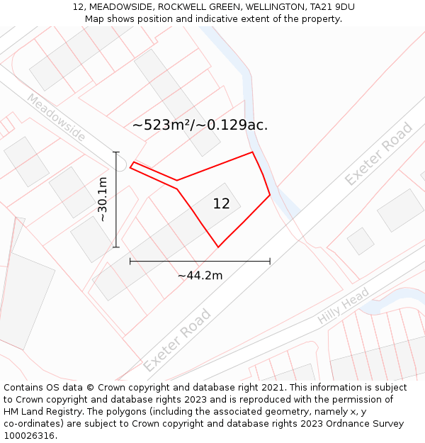 12, MEADOWSIDE, ROCKWELL GREEN, WELLINGTON, TA21 9DU: Plot and title map