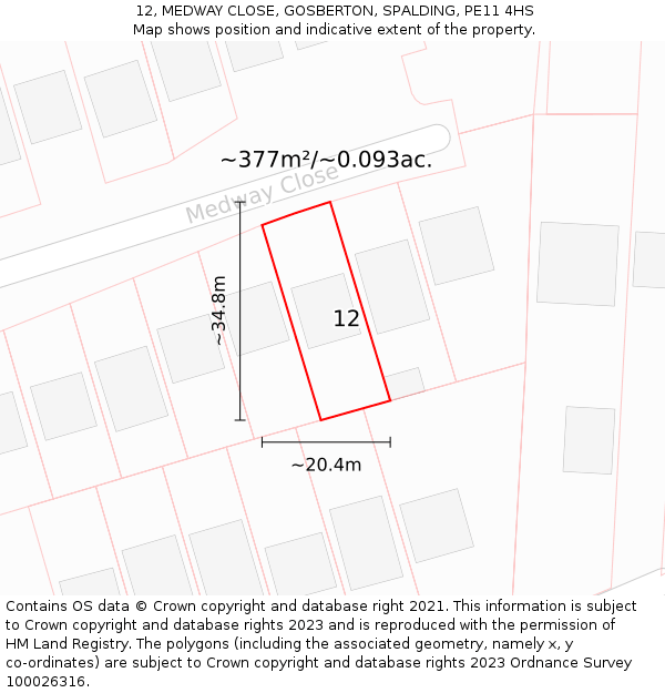 12, MEDWAY CLOSE, GOSBERTON, SPALDING, PE11 4HS: Plot and title map