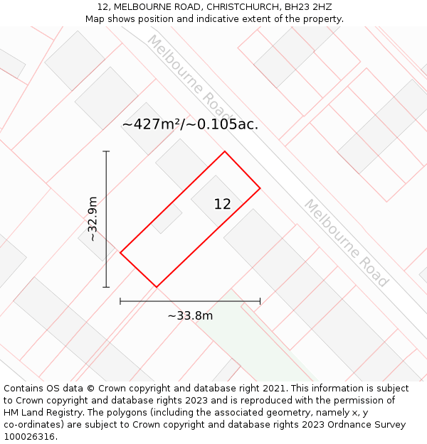 12, MELBOURNE ROAD, CHRISTCHURCH, BH23 2HZ: Plot and title map