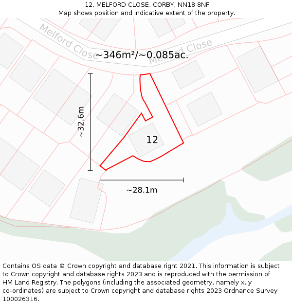 12, MELFORD CLOSE, CORBY, NN18 8NF: Plot and title map