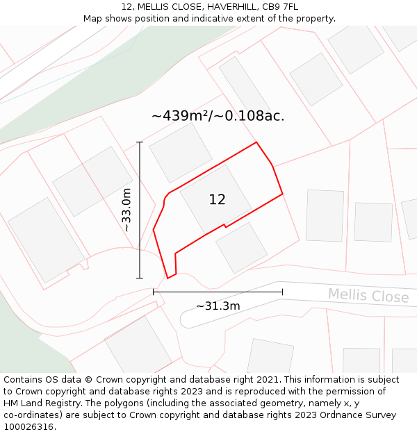 12, MELLIS CLOSE, HAVERHILL, CB9 7FL: Plot and title map