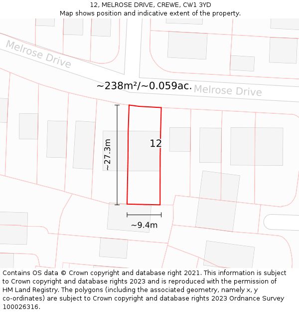 12, MELROSE DRIVE, CREWE, CW1 3YD: Plot and title map