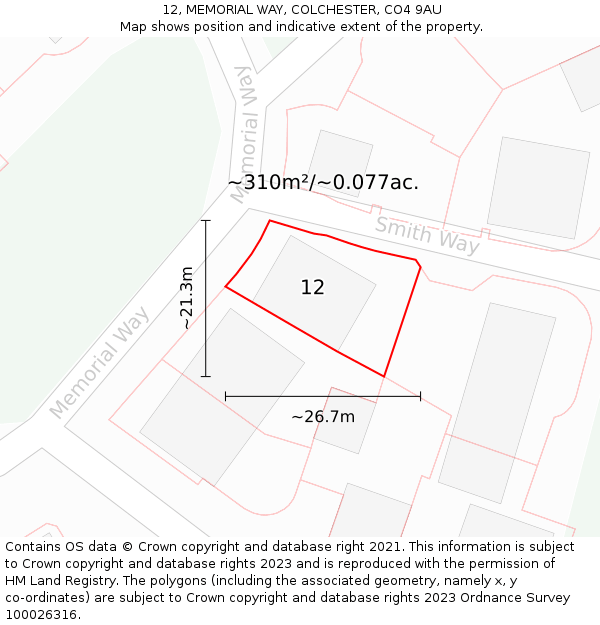 12, MEMORIAL WAY, COLCHESTER, CO4 9AU: Plot and title map