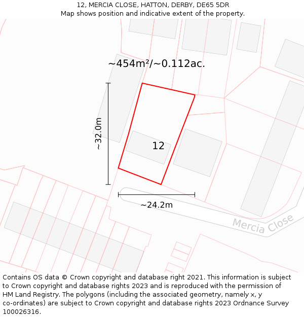 12, MERCIA CLOSE, HATTON, DERBY, DE65 5DR: Plot and title map