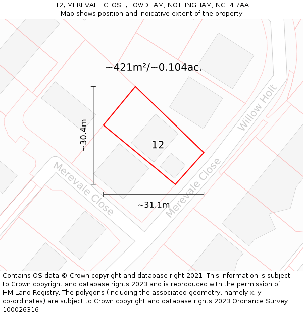 12, MEREVALE CLOSE, LOWDHAM, NOTTINGHAM, NG14 7AA: Plot and title map