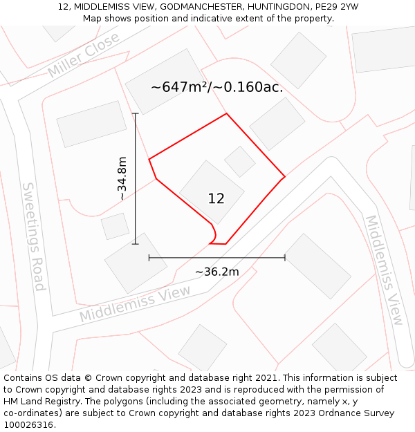 12, MIDDLEMISS VIEW, GODMANCHESTER, HUNTINGDON, PE29 2YW: Plot and title map