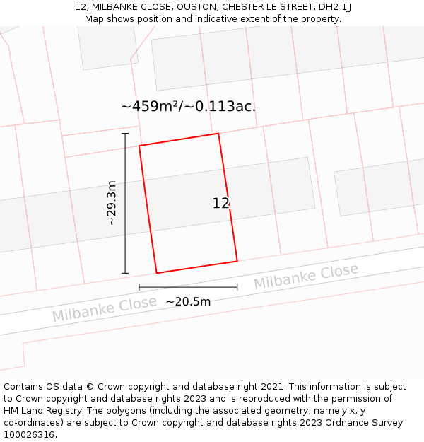 12, MILBANKE CLOSE, OUSTON, CHESTER LE STREET, DH2 1JJ: Plot and title map