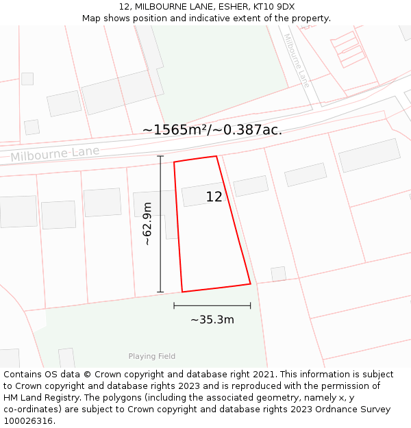 12, MILBOURNE LANE, ESHER, KT10 9DX: Plot and title map