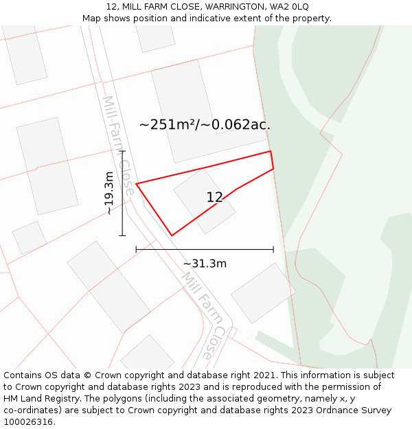 12, MILL FARM CLOSE, WARRINGTON, WA2 0LQ: Plot and title map