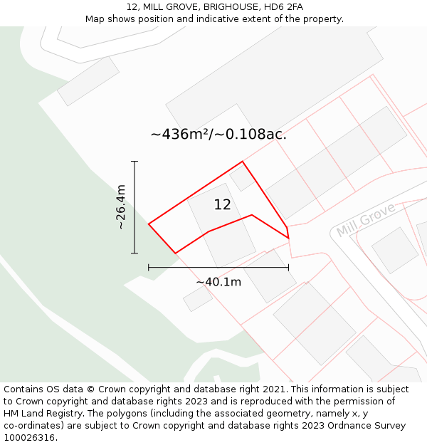 12, MILL GROVE, BRIGHOUSE, HD6 2FA: Plot and title map