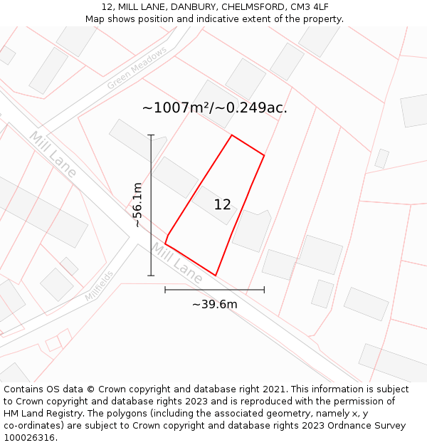 12, MILL LANE, DANBURY, CHELMSFORD, CM3 4LF: Plot and title map