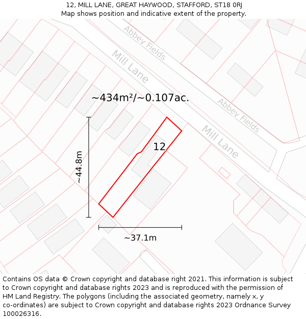 12, MILL LANE, GREAT HAYWOOD, STAFFORD, ST18 0RJ: Plot and title map