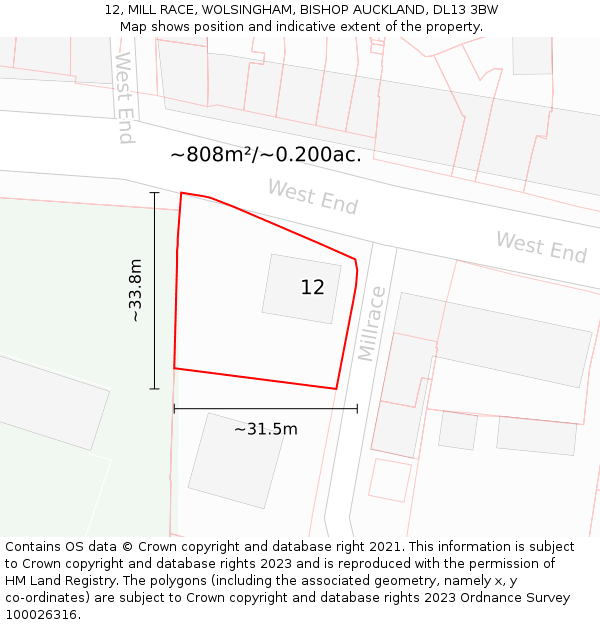 12, MILL RACE, WOLSINGHAM, BISHOP AUCKLAND, DL13 3BW: Plot and title map