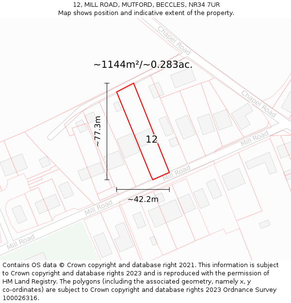 12, MILL ROAD, MUTFORD, BECCLES, NR34 7UR: Plot and title map