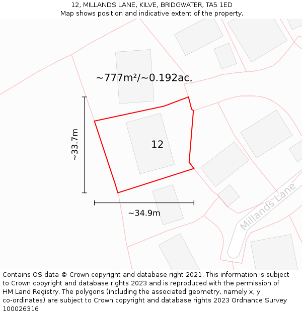 12, MILLANDS LANE, KILVE, BRIDGWATER, TA5 1ED: Plot and title map