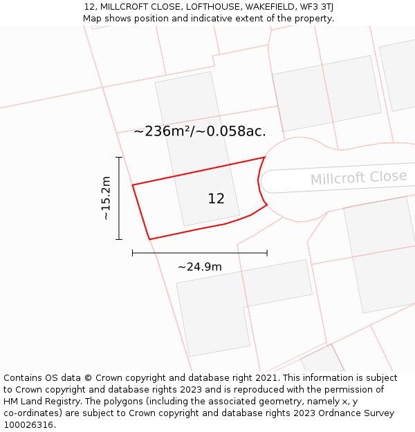 12, MILLCROFT CLOSE, LOFTHOUSE, WAKEFIELD, WF3 3TJ: Plot and title map