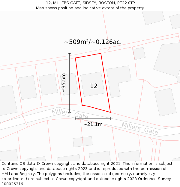 12, MILLERS GATE, SIBSEY, BOSTON, PE22 0TP: Plot and title map