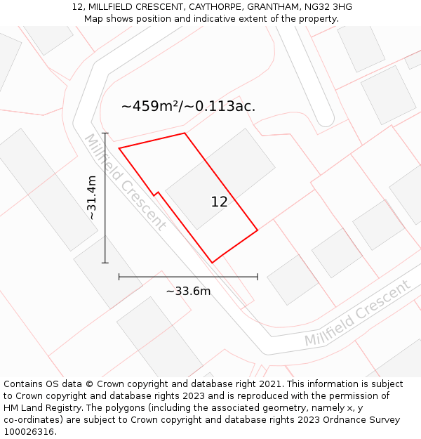 12, MILLFIELD CRESCENT, CAYTHORPE, GRANTHAM, NG32 3HG: Plot and title map