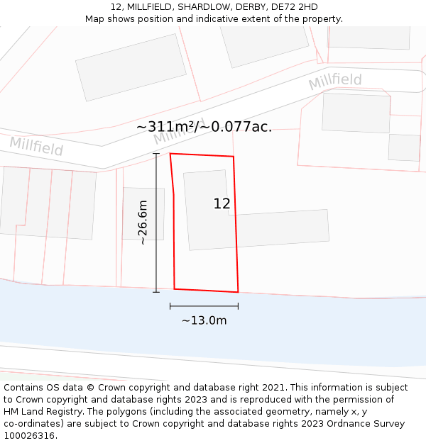 12, MILLFIELD, SHARDLOW, DERBY, DE72 2HD: Plot and title map