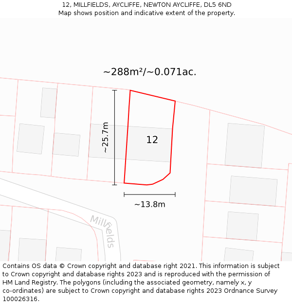 12, MILLFIELDS, AYCLIFFE, NEWTON AYCLIFFE, DL5 6ND: Plot and title map