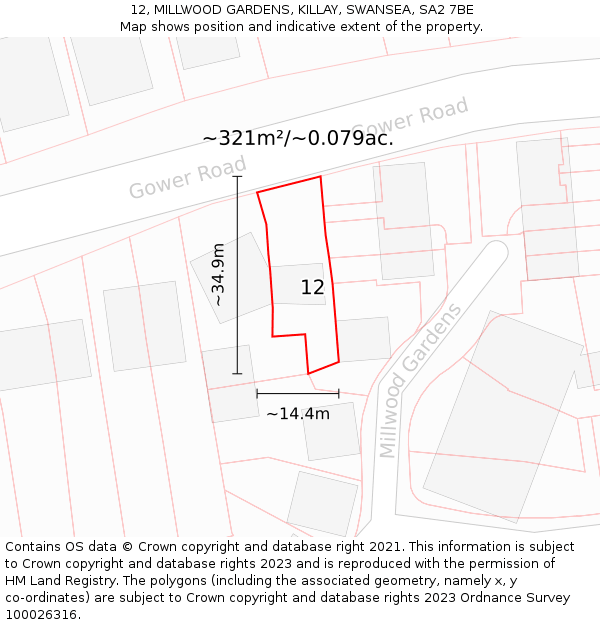 12, MILLWOOD GARDENS, KILLAY, SWANSEA, SA2 7BE: Plot and title map