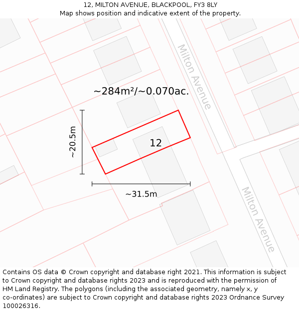 12, MILTON AVENUE, BLACKPOOL, FY3 8LY: Plot and title map