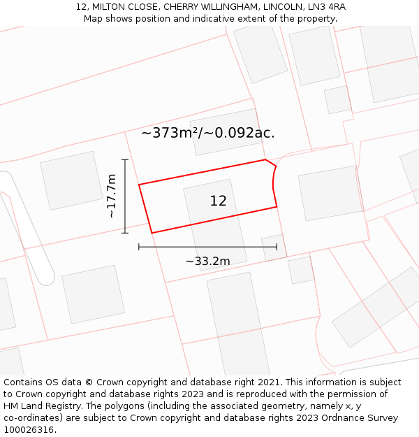 12, MILTON CLOSE, CHERRY WILLINGHAM, LINCOLN, LN3 4RA: Plot and title map